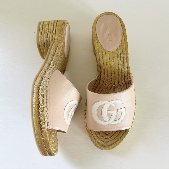 Shoes - Gucci GG Pink Metallic Gold Espadrille Sandals Mules Slides Size EU 37